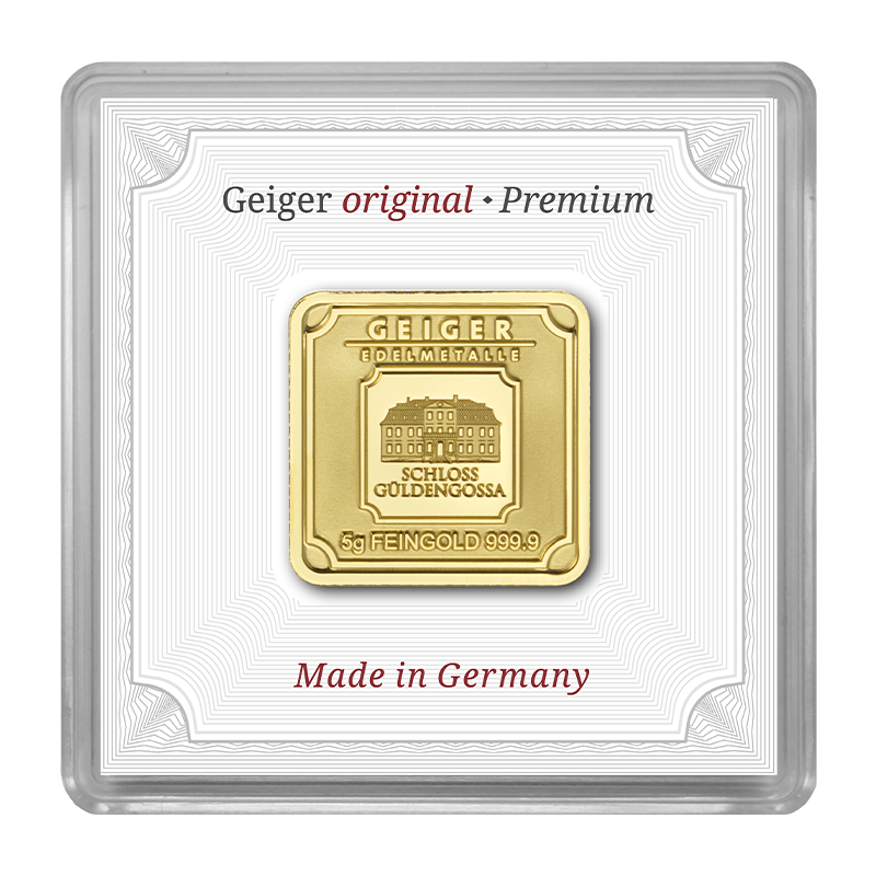 Goldbarren Geiger original - 5 g .9999 quadratisch in Kapsel