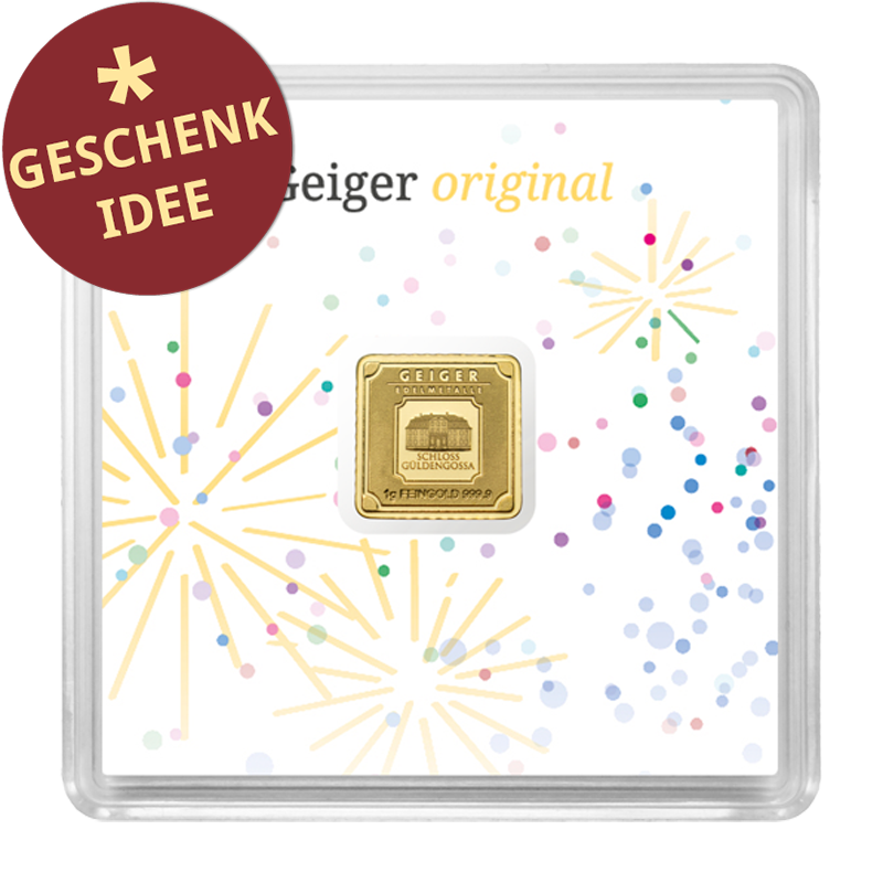 Goldbarren Geiger original - 1 g .9999 quadratisch in Kapsel Edition Feierliche Anlässe