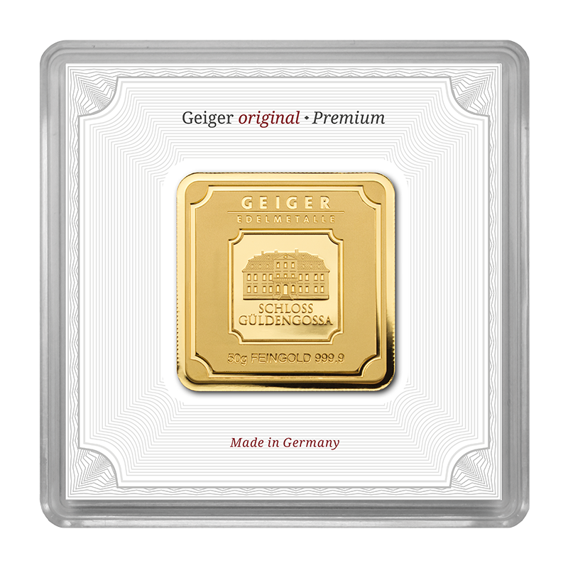 Goldbarren Geiger original - 50 g .9999 quadratisch in Kapsel