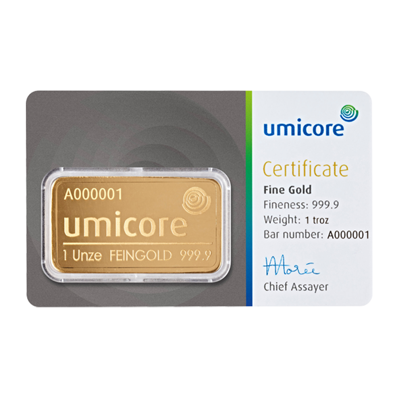 Goldbarren - 1 oz .9999 - Umicore Neuware (geprägt)