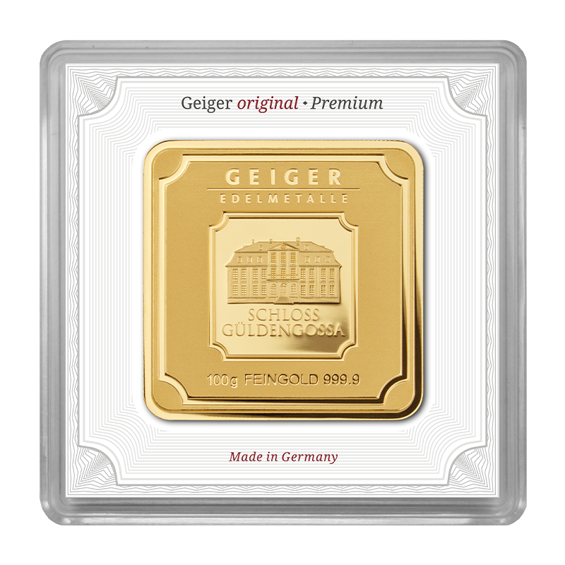 Goldbarren Geiger original - 100 g .9999 quadratisch in Kapsel