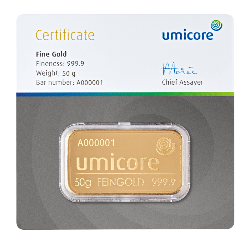 Goldbarren - 50 g .9999 - Umicore Neuware (geprägt)